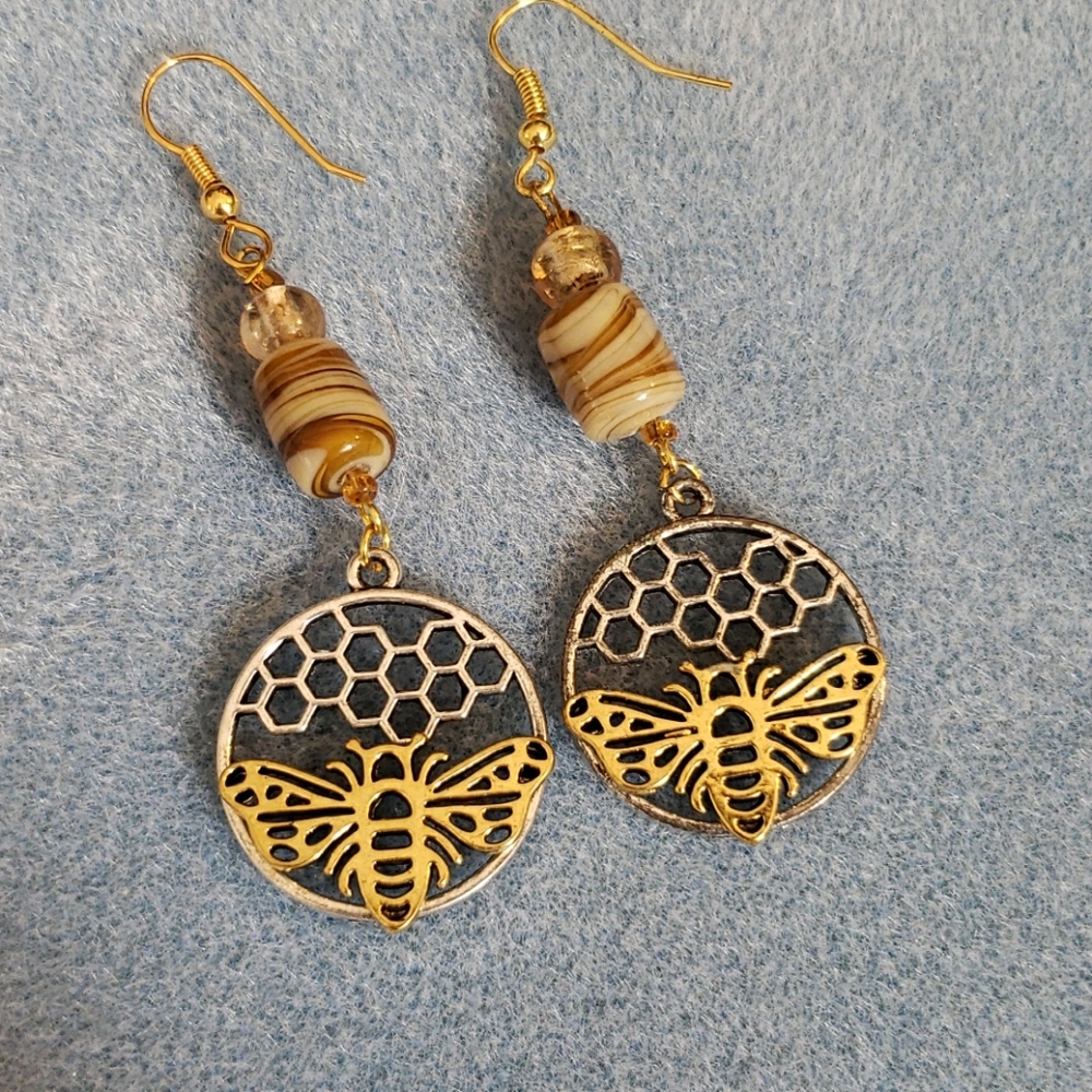 Handmade bee and honeycomb earrings